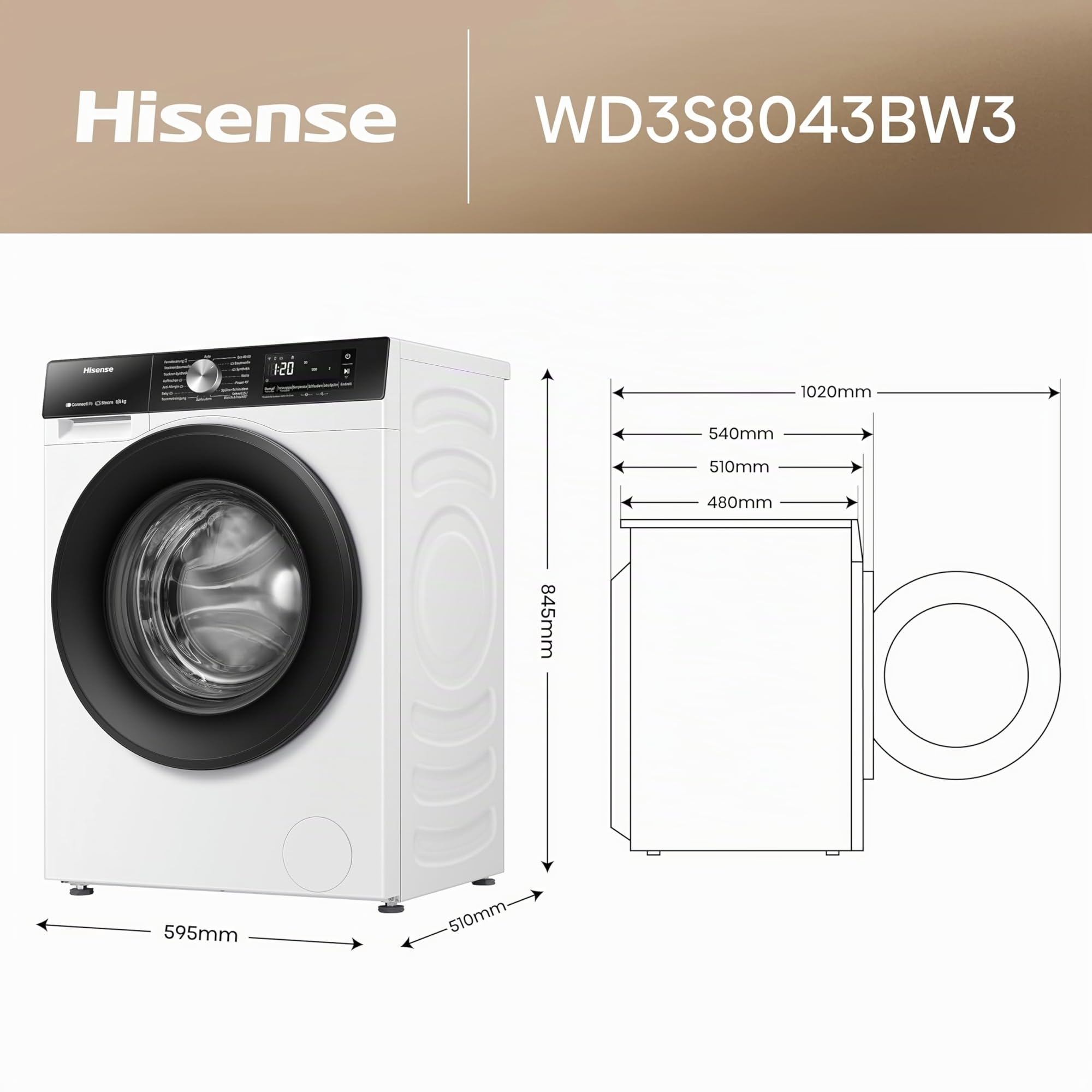 Hisense WD3S8043BW3 Waschtrockner/ConnectLife /16 Programme /8 KG, 54 Liter /1400 U/min/Dampffunktion/JetWash/Anti-Allergie Program/Auto Program/Eco Wash/Steam RefreshWeiß 2