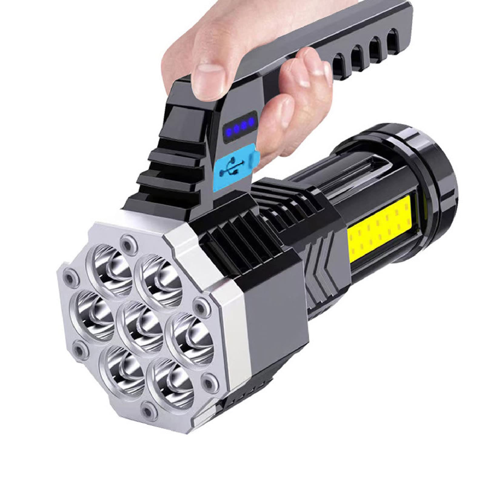 Yuehuamech Super Bright LED Flashlight Handheld Rechargeable Powerful Work Equipment Light Big Spotlight Flashlight Searchlight for Camping Hunting Hiking