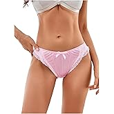 SHENHE Women's Satin Panty Lace Trim Bikini Underwear High Cut Low Rise Silky Bow Panty
