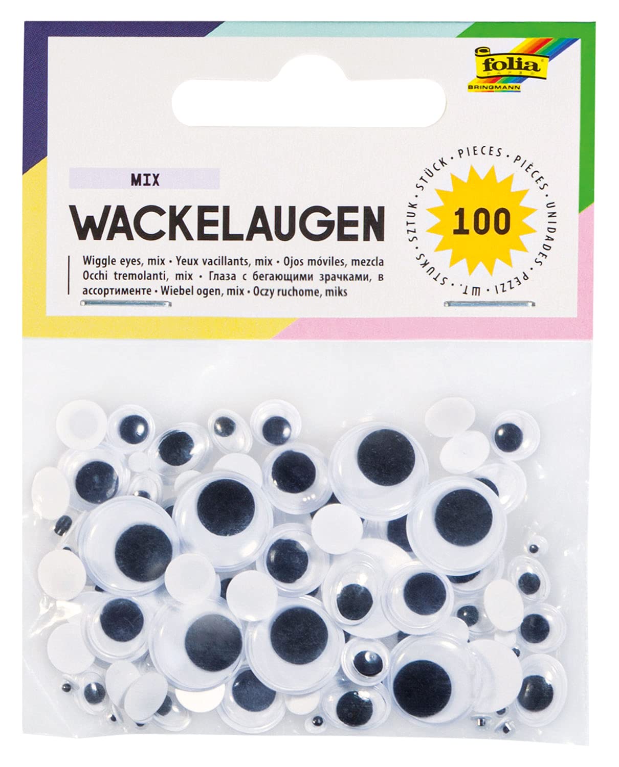 folia 7509 Wiggly Eyes with Moving Pupil, Pack of 100 in 6 Sizes Assorted - Ideal for Designing Animals and Other Figures