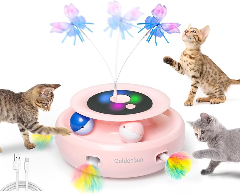 GoldenSun 3-in-1 Interactive Cat Toy Pink 2000mAh Type-C Rechargeable