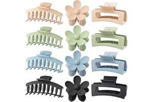 JANFUN Large Hair Claw Clips 12 Pack 4.3 Inch Rectangle Hair Clips Flower Hair Clips for Women Thick Hair, Big Hair Clips Matte Hair Clips Hair Claws Banana Clips Strong Hold jaw clips, 3 Styles 4 Colors