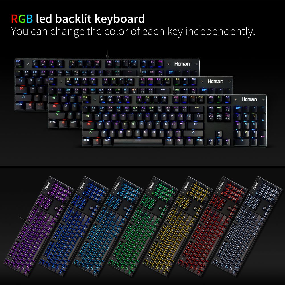 RGB LED Mechanical Gaming Keyboard - Hcman USB Wired Backlit Keyboards Blue Switches,15 Backlit Modes,Customizable Color Lighting,Metal Plate Anti-ghosting for Computer PC,Mac Gamers 104 Keys (Black)