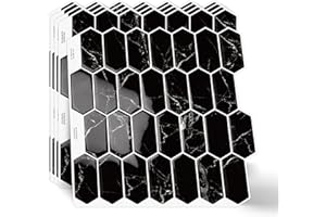 MOONFUN Long Hexagon Peel and Stick Tiles Backsplash,10 Sheets 3D Self Adhesive Wall Tile Back Splash 12 x 12 Inch for Kitchen,Bathroom (Black Marble)