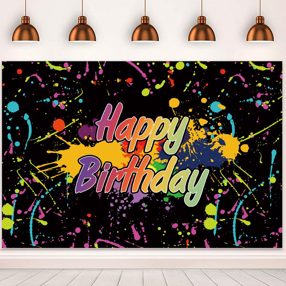 Photo 1 of 7x5ft Graffiti Splatter Neon Birthday Party Background Glow Neon Birthday Backdrops Glow in The Dark Happy Birthday Party Background Decorations Banner for Kids Birthday Supplies