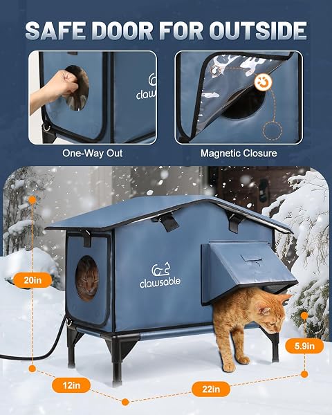 UPGRADED HEATED CAT HOUSE FOR OUTSIDE ESCAPE DOOR, HIGHLY INSULATED HEATED OUTDOOR CAT HOUSE WATERPROOF AWNING, WEATHERPROOF OUTDOOR FERAL CAT SHELTER FOR STRAY WINTER
