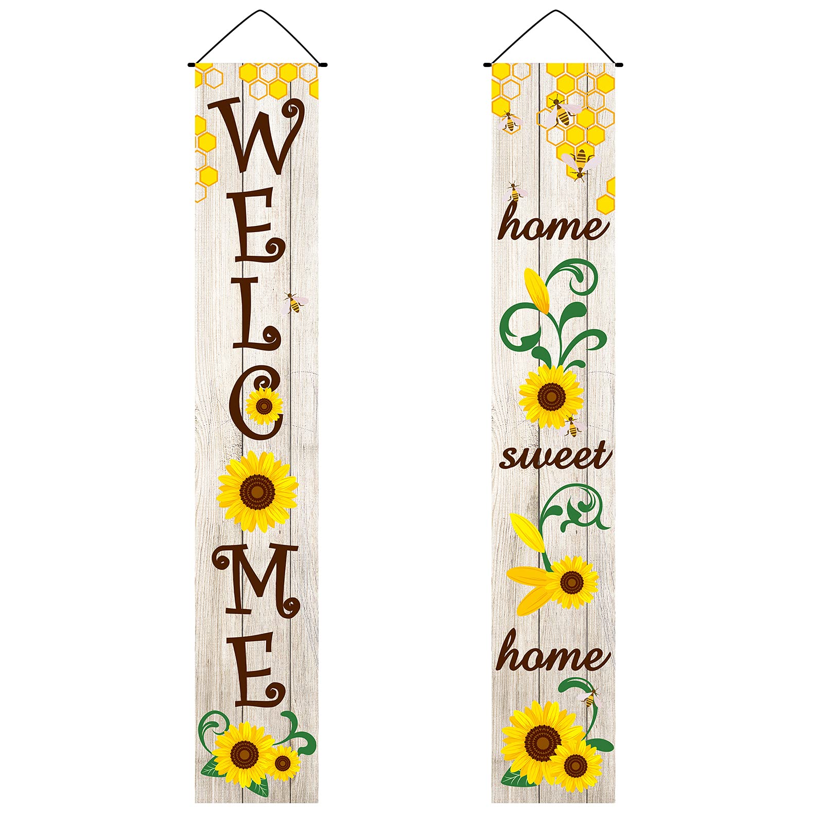 CREATCABIN Welcome Banner Hanging Sunflower Home Sweet Bee Summer Wooden Style Door Decor Porch Sign Black For Indoor Outdoor Holiday Home Party Porch Wall Halloween Xmas 11.8 x 70.8inch