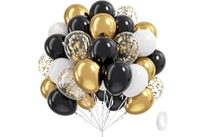 Black White and Gold balloons 12inch 60pcs, Black White Metallic Gold Confetti Latex Balloons for Graduation Anniversary Birt