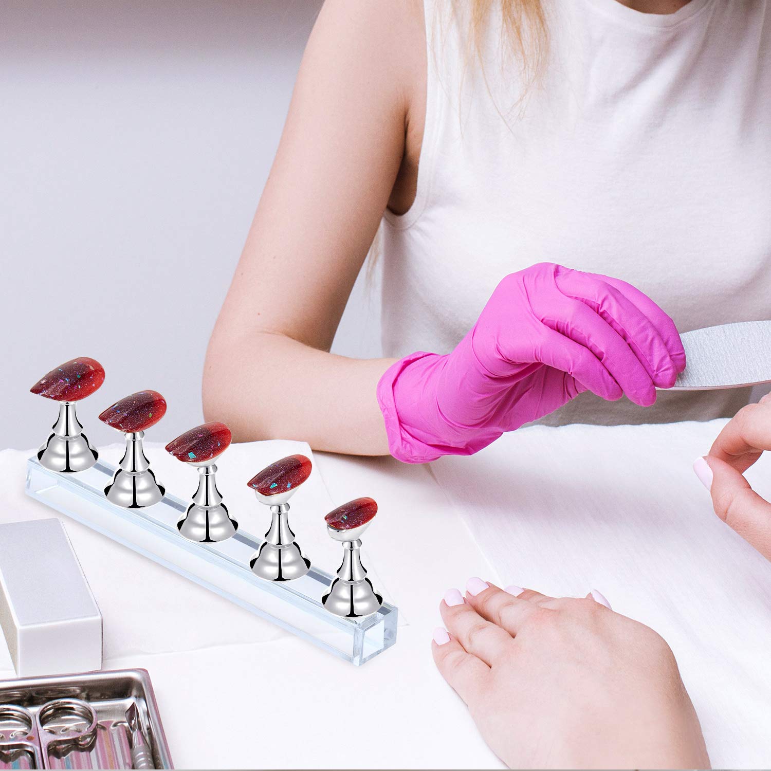 Blulu 2 Sets Nail Stand for Press on Acrylic Nails Display Practice Magnetic Fake Nail Holder for Painting Nails for False Fingernail Manicure Tool Home DIY Salon Supplies(Silver)