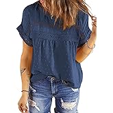Dokotoo Womens Summer Tops Crewneck Lace Crochet Short Sleeve Shirts Casual Chiffon Blouses