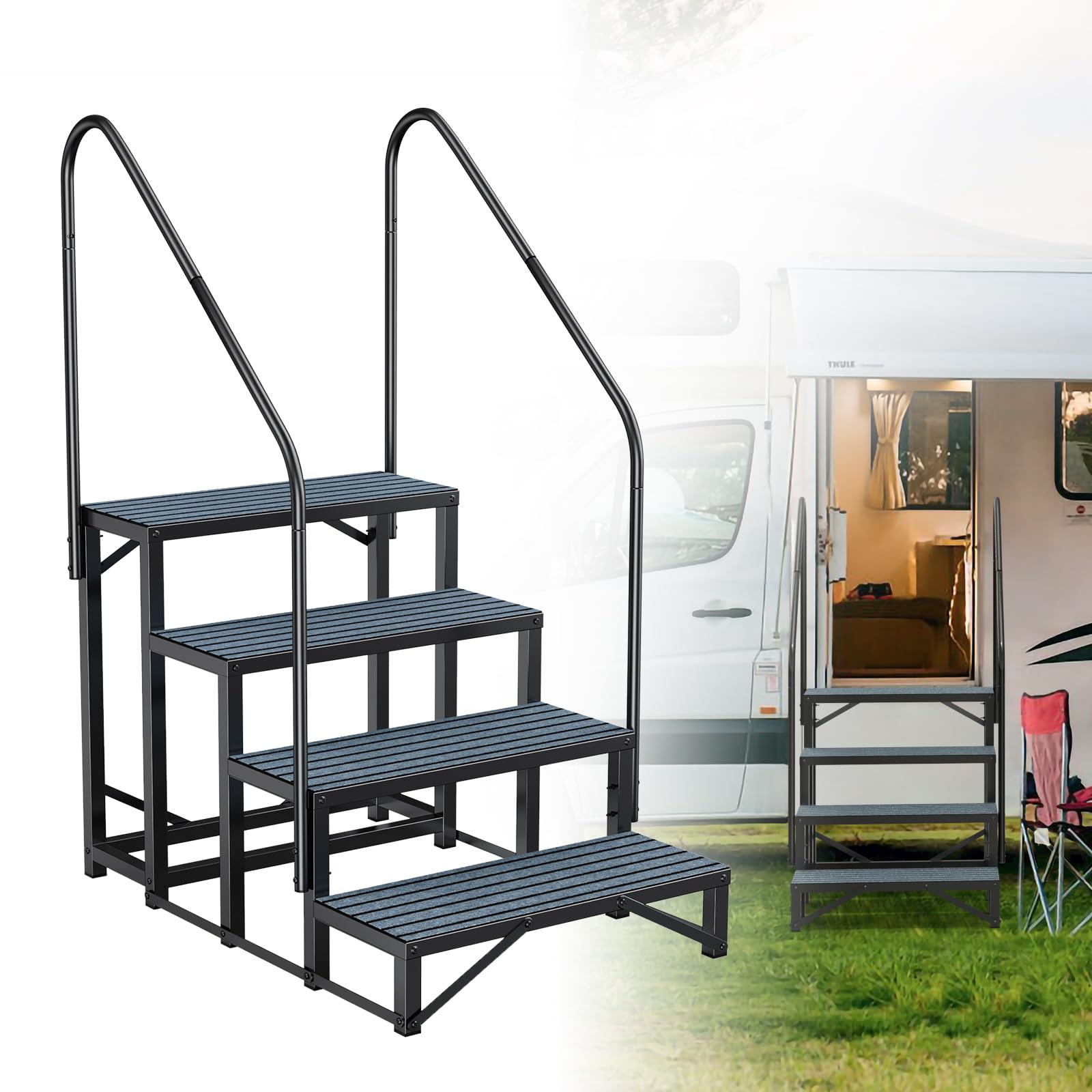 Photo 1 of Rv Steps with Handrail 4 Step,Hot Tub Steps with Anti-Slip Mats,Heavy Duty Metal Mobile Home Stairs,Camper Steps for Travel Trailer,Portable Step Ladder for Spa,Pool and Porch