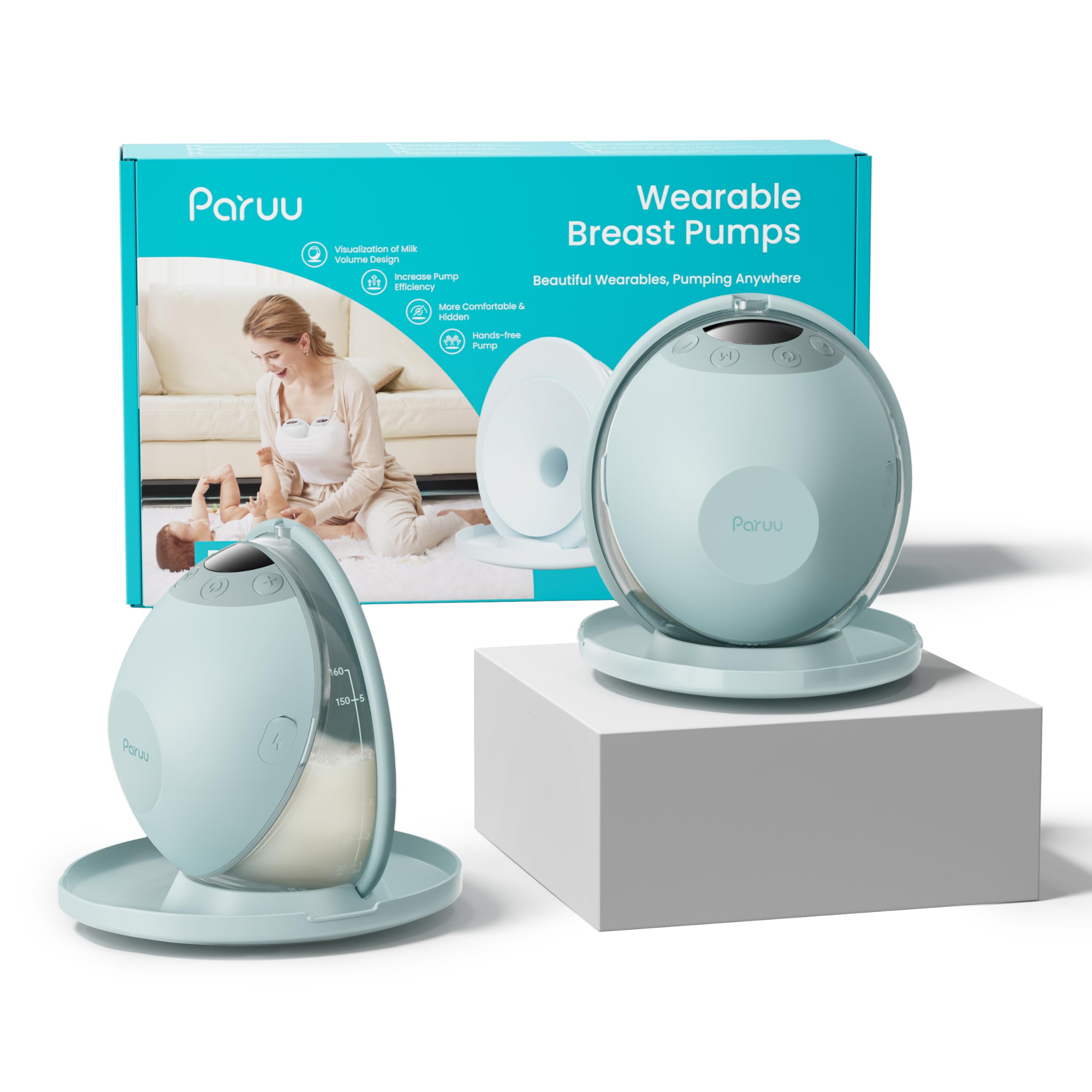 Photo 1 of **USED, INCOMPLETE** Paruu P20 Hands-Free Wearable Electric Breast Pump - 4 Modes & 12 Suction Levels, 19/21/24mm Double-Sealed Flanges, Visible Milk Volume & Pumping Time, Lightweight Portable (2 Pack, Light Green)