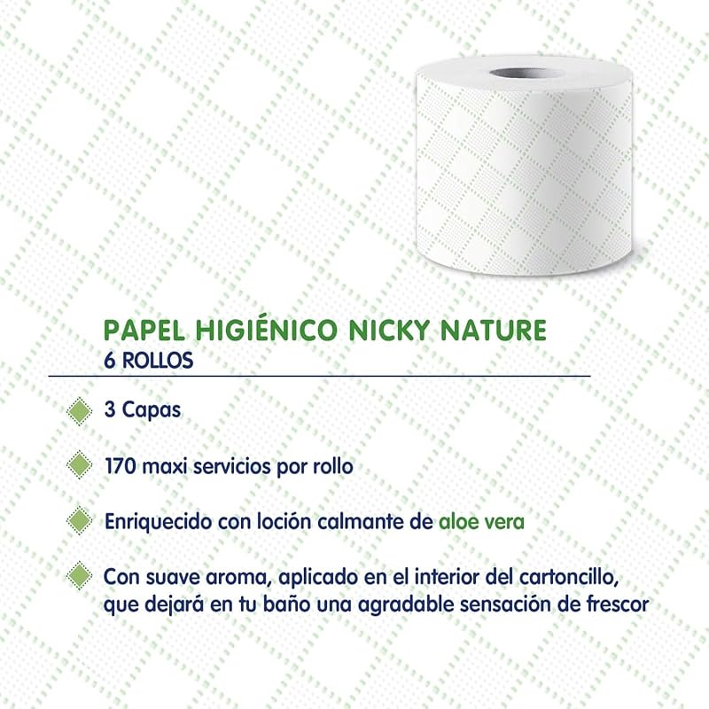 Papel higiênico nicky nature, 6 rolos, 3 camadas, 170 porções por rolo. enriquecido com loção aloe vera, branco, 9,8 x 13cm