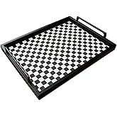 MCBZ Living Room Coffee Table Decorative Tray, Food Service Tray, Leather Ottoman Tray,with Metal Handles 16.5 x 12.6 in (Black and White Grid)