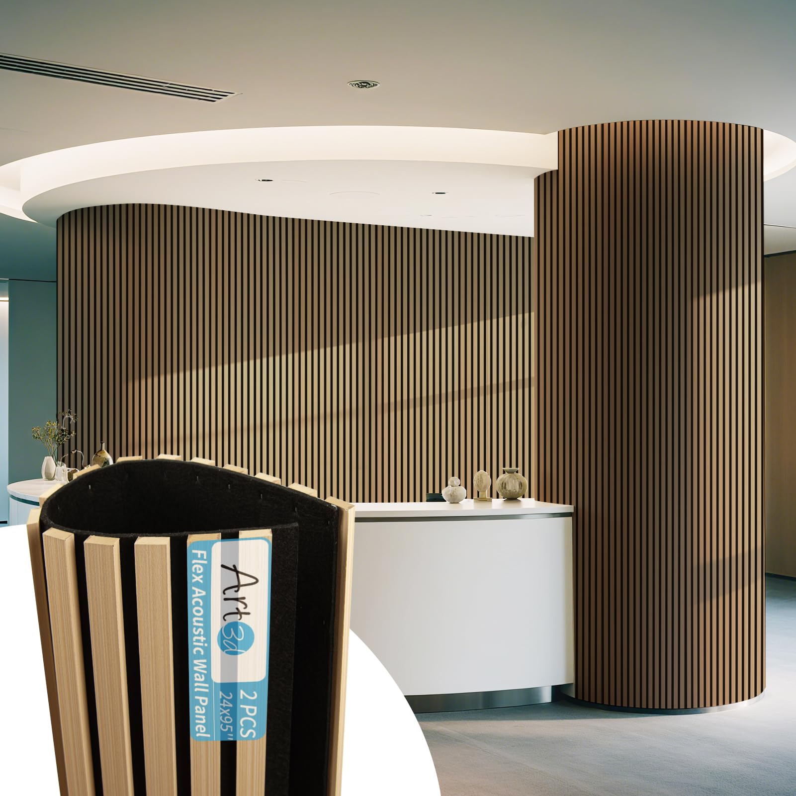 Photo 1 of Art3d Acoustic Wood Slat Wall Panel with Roll-Flat Design - 95.3 x 23.8 Inch Sound Absorbing Panels for Living Room Columns Corridor Curved Wall Decor, 2-Pack Boxwood