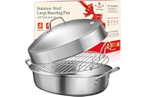GRILL BUMP Roasting Pan, 21x13x11 Inch, Silver, Rectangular, Stainless Steel, 25LB Capacity, Turkey & Chicken Roaster with Rack and Lid