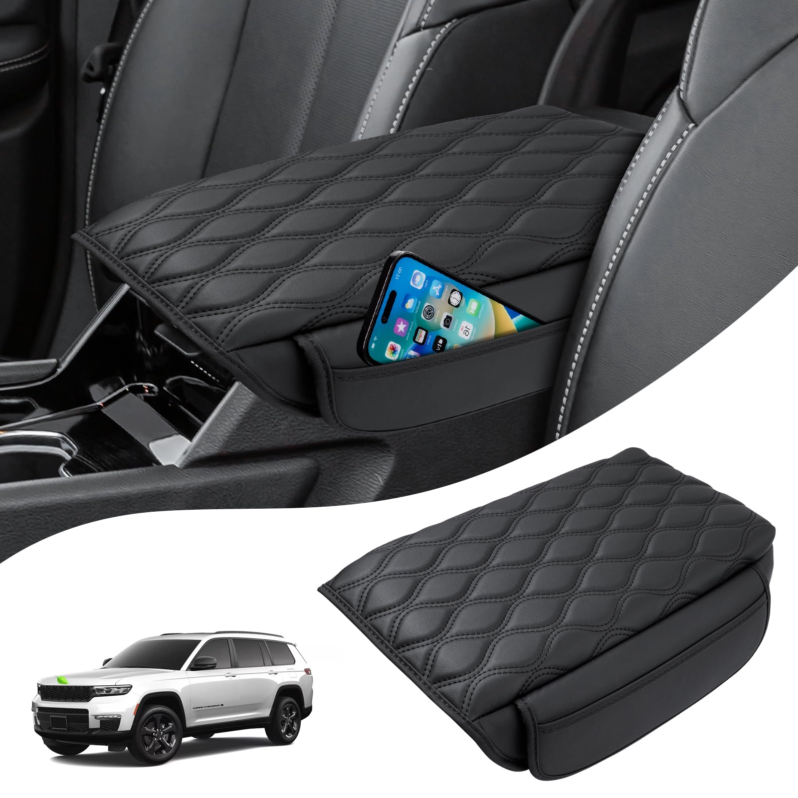 Photo 1 of Autorder Center Console Cover for 2021-2024 2025 Jeep Grand Cherokee L Accessories Armrest Cushion Cover Nappa Leather Middle Console Covers Grand Cherokee L Console Cushion Pad Anti-Scratch