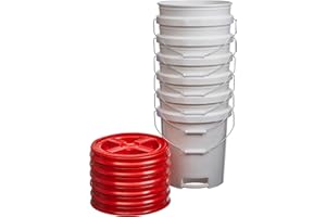 Consolidated Plastics 5 Gallon White Food Grade Buckets with Bottom Grip Handle & Gamma Seal Lids, BPA Free Container Storage, Durable HDPE Pails, Made in USA (6 Pack, Red Lids)