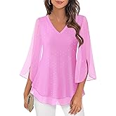 Timeson Women's 3/4 Sleeve Floral Blouses Shirts Double Layers V Neck Dressy Tunics Tops