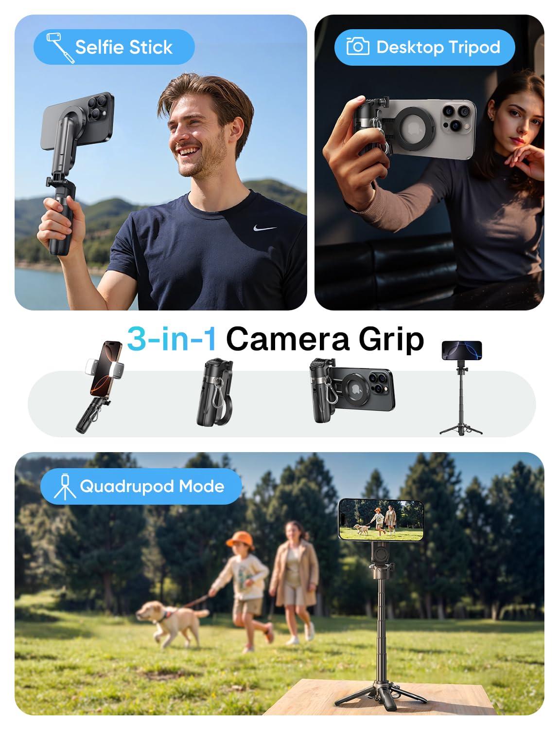 MAGIC JOHN Phone Tripod with 2 Selfie Light, Portable Pocket Size Selfie Stick for iPhone Magsafe, Selfie Stick with Wireless Detachable Remote Control for Photograph, Live Streaming, Video Recording