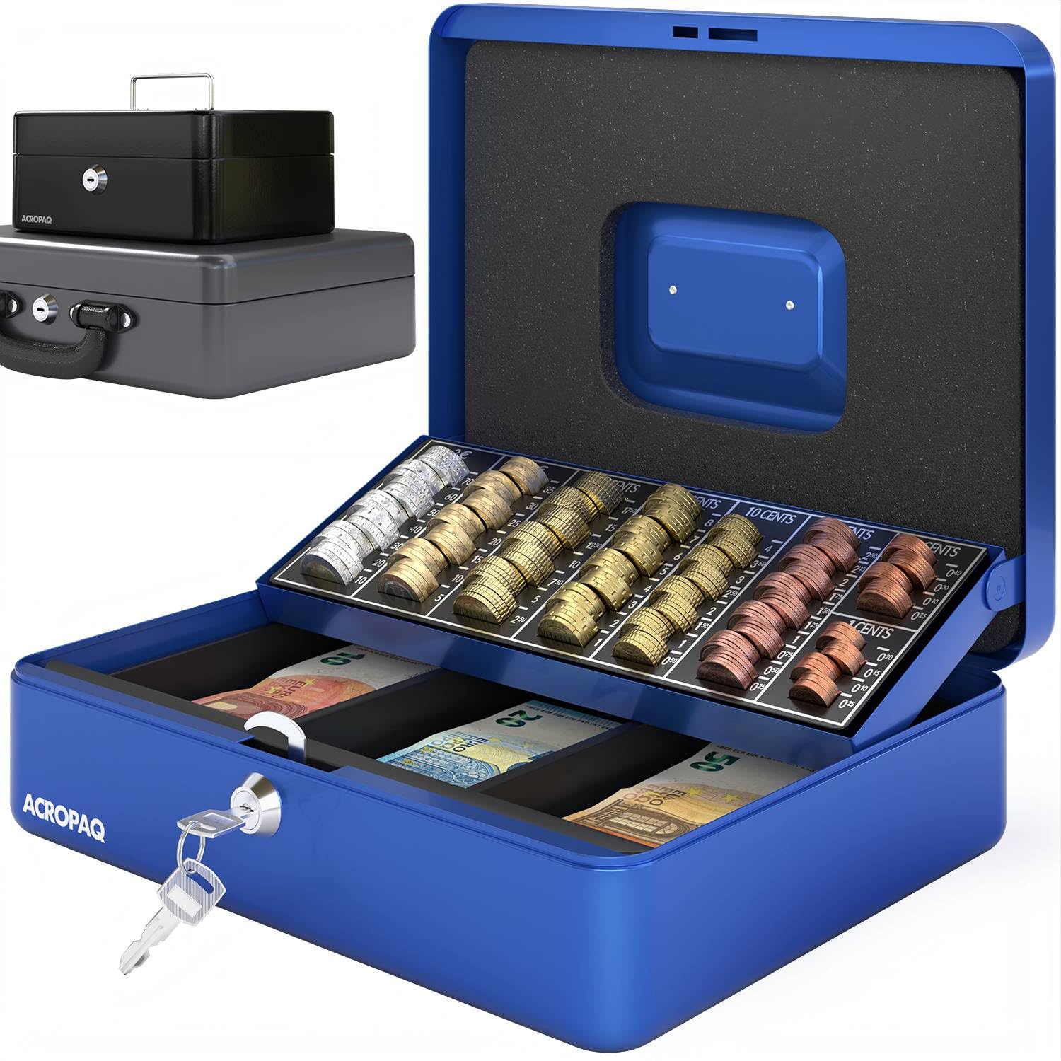 ACROPAQ 10005B Lockable Cash Box with Coin Counting Board, Large 24 x 30 x 9 cm, Lockable Box, Cash Box, Money Box Suitable for Money Storage, Blue