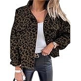 WGXWGX ﻿Women's Leopard print Denim Jackets Cropped Jean Jacket Long Sleeve Casual Button Down Boyfriend Jean Jacket