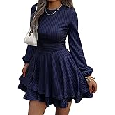 Evzeiem Womens Long Sleeve Knit Dress Casual Lantern Sleeve Crewneck Ruffle Short Flare A-Line Mini Sweater Dress