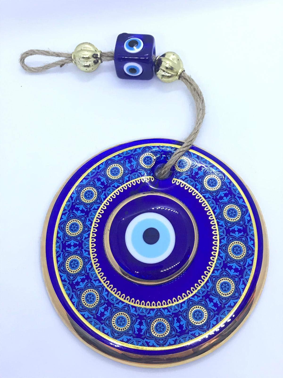 HamamTamam Big Size-14 cm Diameter- Golden Gilted and Patterned Glass Blue Evil Eye Wall Hanging Ornament – Turkish Nazar Bead - Home Protection Charm - Wall Decor Amulet (Navy)