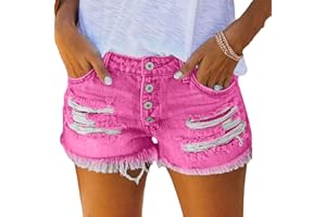 Denim Shorts Women Mid Rise Ripped Stretchy Jeans Shorts with Pockets Trendy Frayed Raw Hem Casual Summer Short Pants