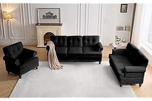 BUMBLR Tufted 3 Piece Sofa Set, Including 3 Seater Couch, Loveseat Sofa, and Living Room Chairs with Rivets, Rolled Arms, and Solid Wood Legs, Couches for Living Room, Bedroom, Office, Black