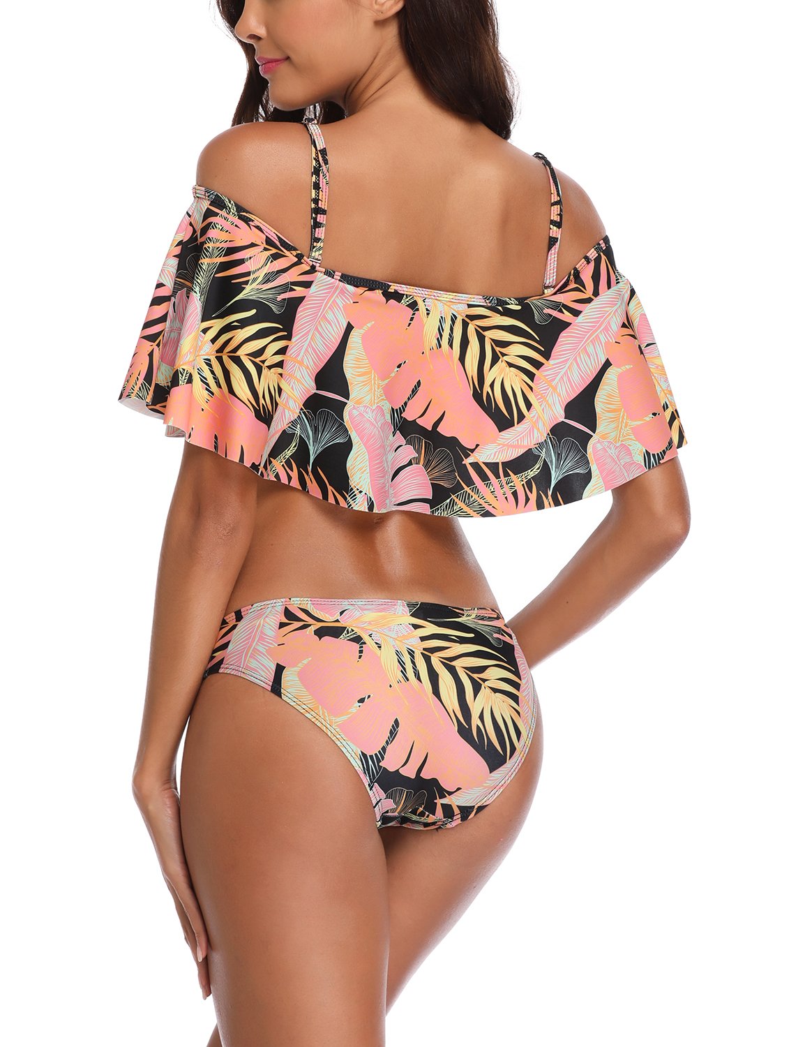 Two Piece Women\'s Halter Off The Shoulder Flounce Swimsuits High Waisted Bikini Sets (Tropical Banan, Medium)