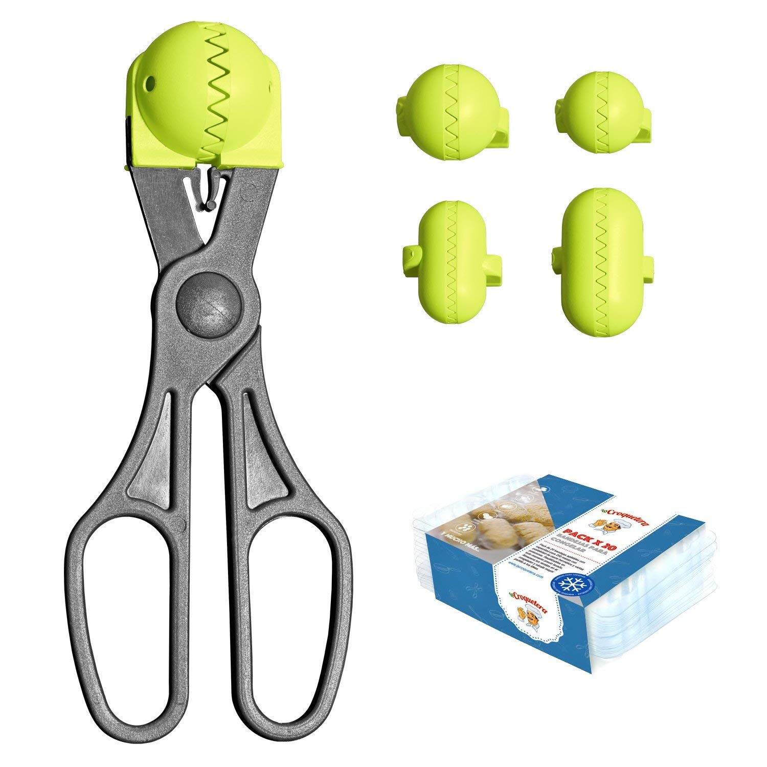 The Croquetera Pack- Multi-Purpose Utensil, Pistachio – 4 Interchangeable Moulds for croquette dough + Pack of 20 Conservation Trays – Patented and made in Spain