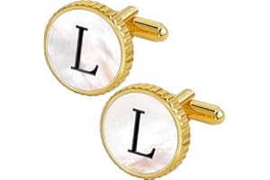 TAIGRAMA Gold Silver Cuff Links Mens, Mother Of Pearl Cufflinks for Men Initial Personalized Cufflinks 26 Alphabet Gold Silver Cuff Links for Anniversary Business Wedding