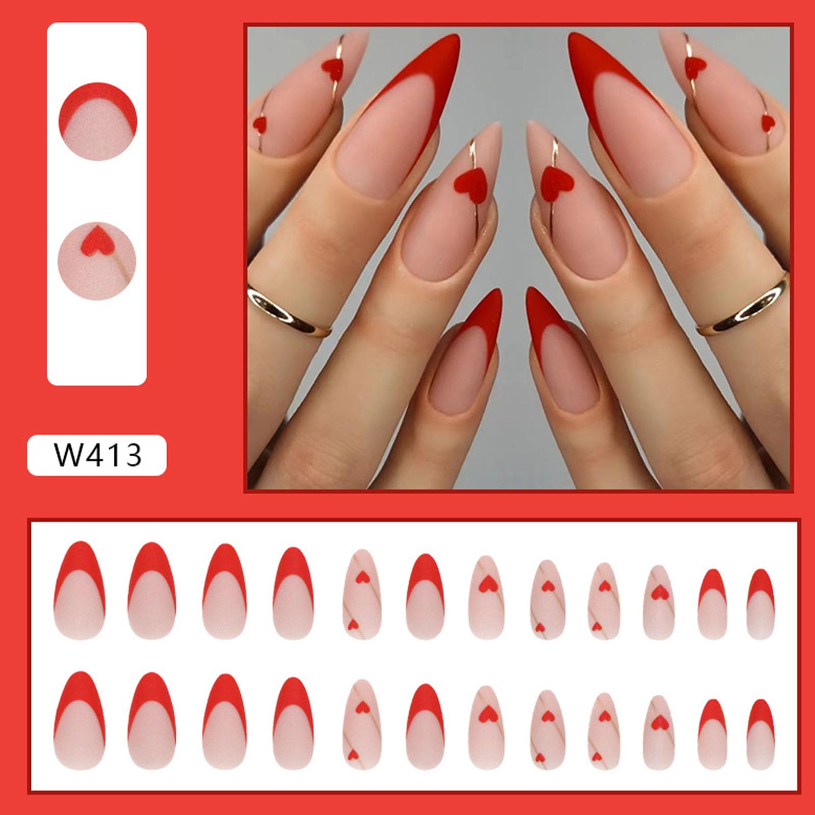 Valentine's Day Press on Nails Medium Almond Fake Nails with Red Heart & Golden Lines Designs Red French Tip Nails Press ons Matte Glue on Nails Full Cover Stick on Nails for Women 24Pcs - Image 3