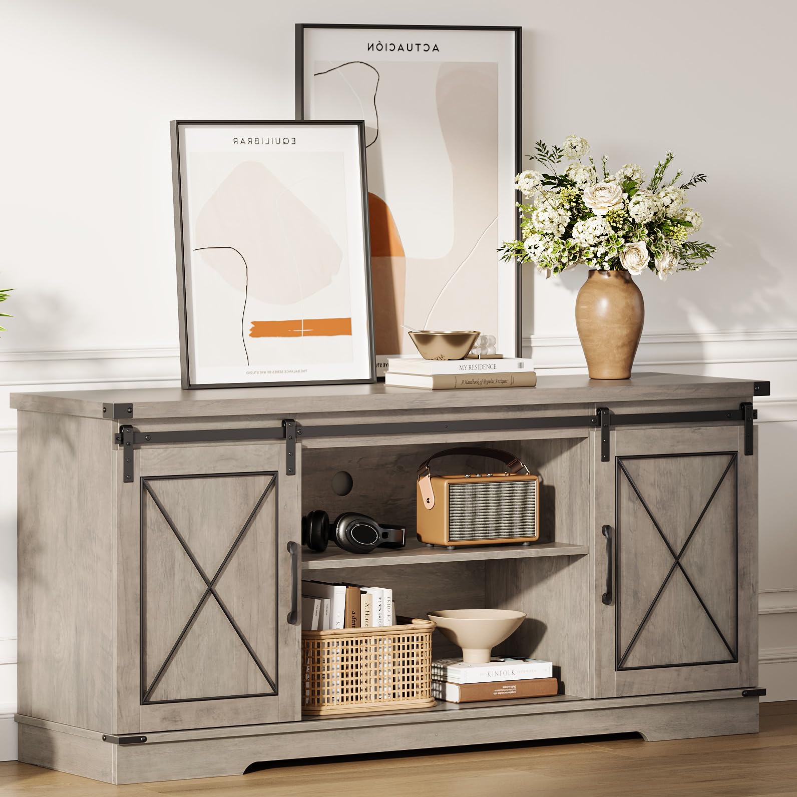 Photo 1 of **MISSING ASSEMBLY HARDWARE** IDEALHOUSE Farmhouse TV Stand and Entertainment Center for Tv up to 65 inches with Sliding Barn Doors and Adjustable Shelf, Tv Media Console Table with Storage Cabinet for Living Room, Grey