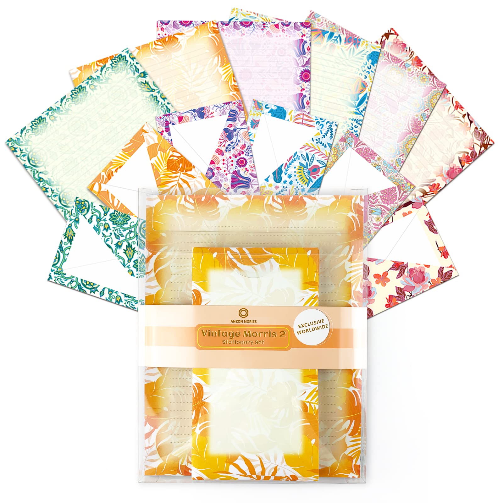 Vintage Morris V2 Stationery Paper (Lined Single Side,48PC) and Self-Sealing Envelope (24Pcs) Set with Storage Box, Printer Friendly, Both Sides Printed, Writing Stationary US Letter Size 11 x 8.5 in