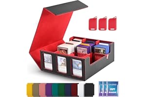 UAONO Card Storage Box for Trading Cards, 1800+ Commander Deck Box for MTG with Display Window, Toploader Card Case fits Magic TCG PTCG Sports Cards; 10 Removable Divider, 3 Stoppers (Black, Red)