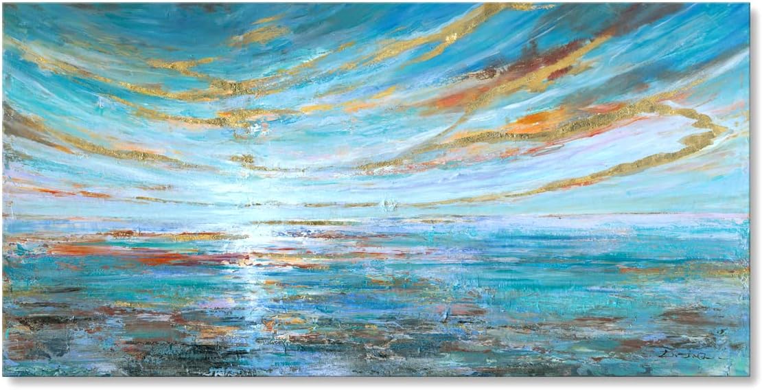 Paintings - Turquoise and Gold Abstract Seascape Wall Art Handmade Modern Textured Oil Painting on Canvas for Home Office Decoration