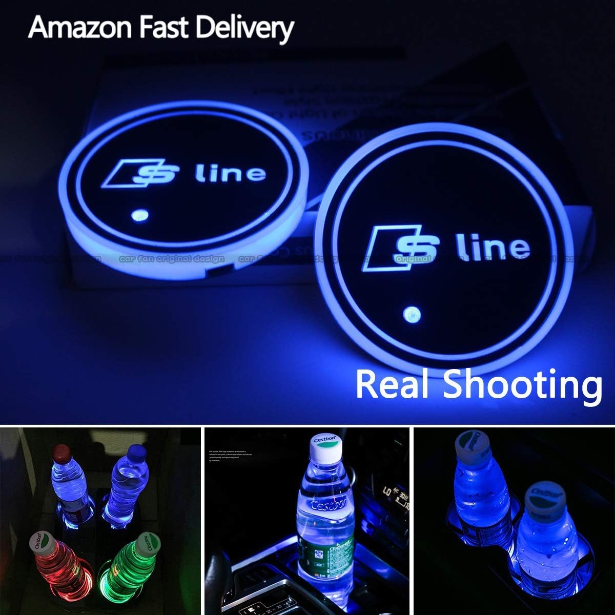 2pcs LED Car Cup Holder Lights For Audi sline, 7 Colors Changing USB Charging Mat Luminescent Cup Pad, Luminescent Cup Pad Interior Atmosphere Lamp Cool Car Accessories Fit for Audi