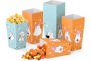 K KUMEED 24 PCS Halloween Popcorn Favor Boxes,Cute Ghost Popcorn Bowls Popcorn Buckets Candy Bags Boo Theme Cookie Container for Kids Halloween Party Supplies (Blue&Orange)
