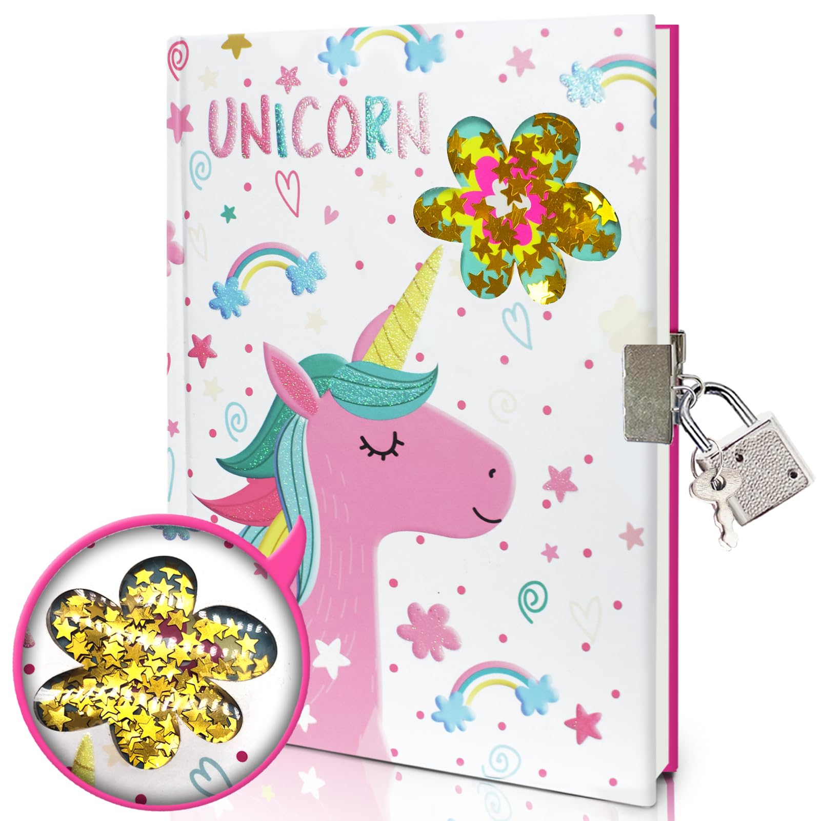 Unicorn Secret Diary for Girls, 7x5.25 Inches 160 Lined Pages Shakable Sequin Kids Diary with Lock Pink Journal for Girls Gifts Cute Notebook for Birthday Presents Toys 5 6 7 8 9 10 Year Old — image 1