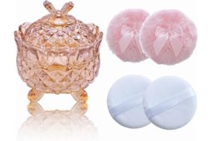 Qopoto 5 Pieces Large Body Powder Puff and Powder Container, Crystal Case for Dust Puff, Powder applicator with Box for Face and Body (Amber, Butterfly)
