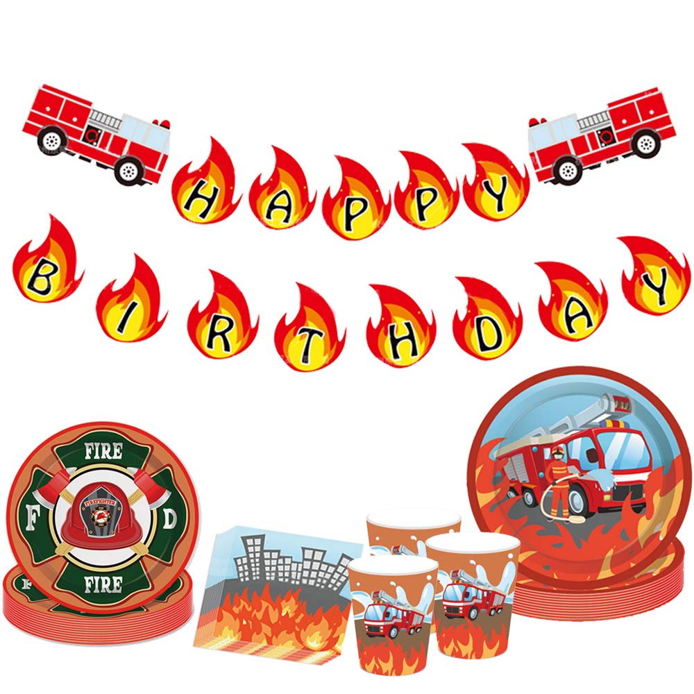 Buy JeVenis Fireman Birthday Banner Firetruck Birthday Supplies Firetruck Party Plates and