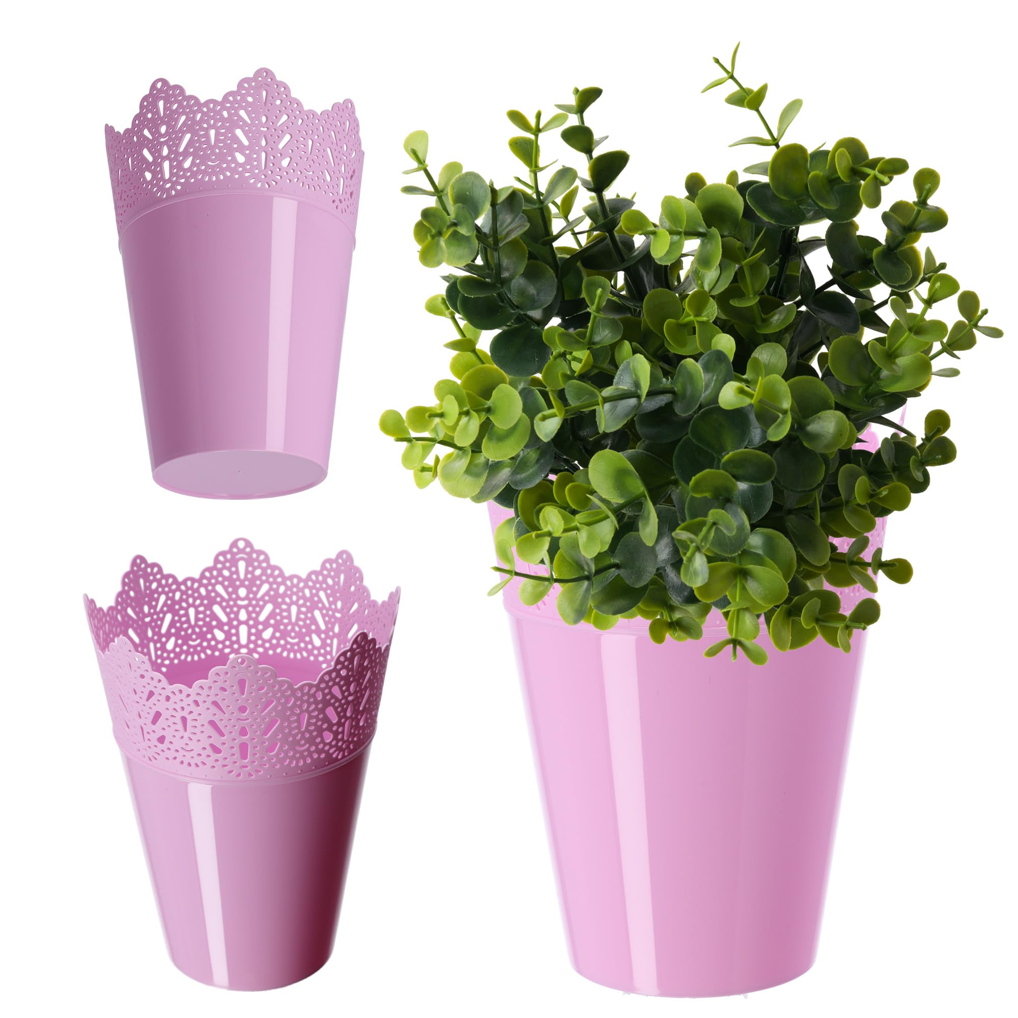 KADAX Lace Flower Pot Made of Plastic, 9 Colours, Flower Pot with Lace Motif, Flower Pot Protector for Office, Pot, Garden Bowl, Flower Pot, Planter (Diameter 12 cm, High, Pink)