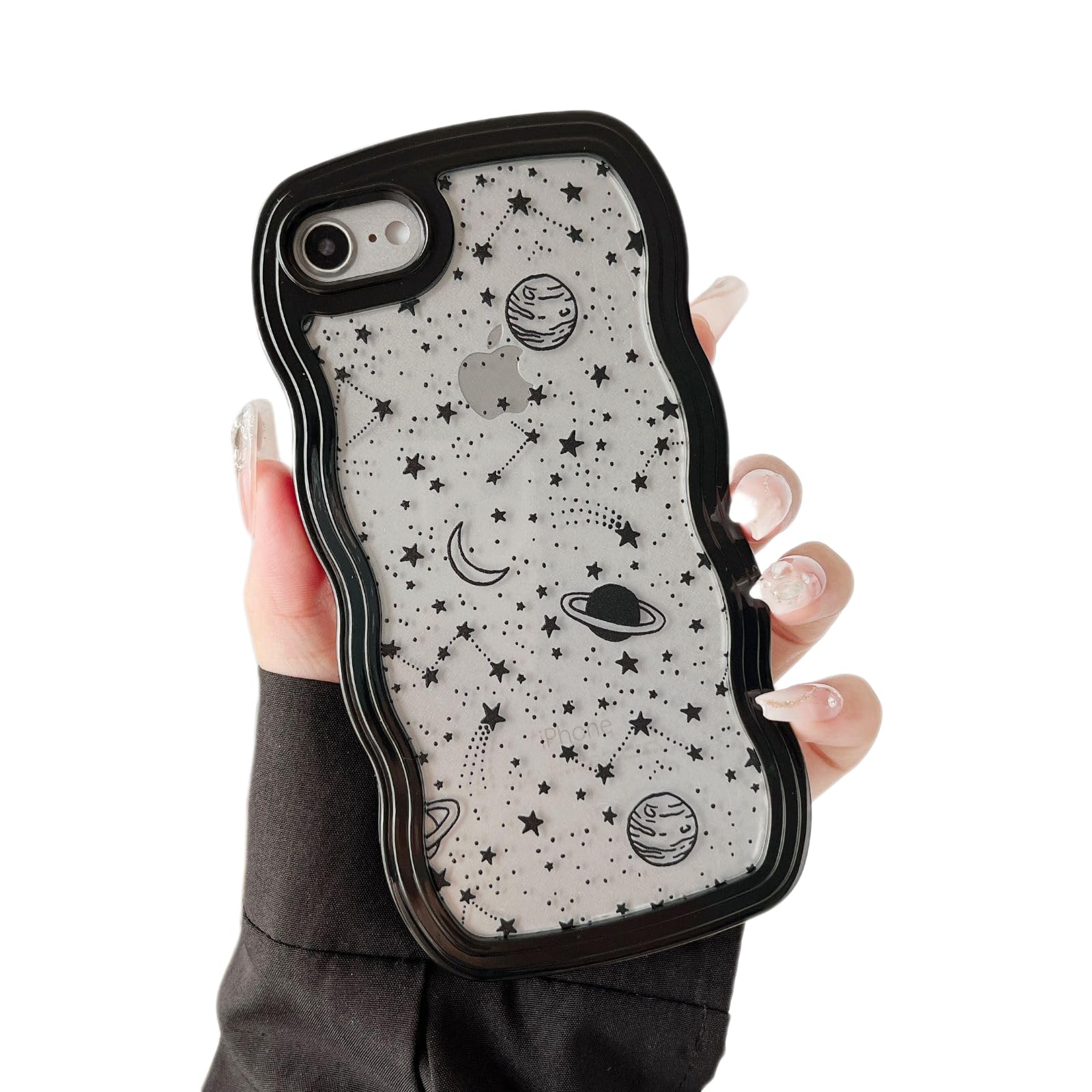 ZTOFERA Wavy Case for iPhone 7/8/SE 2020/SE 2022, Cute Clear Protective Case with Planet Star Moon Pattern, Hard PC Colored Wave Frame Soft Silicone Bumper Shockproof Cover for Girls Women, Black — image 1
