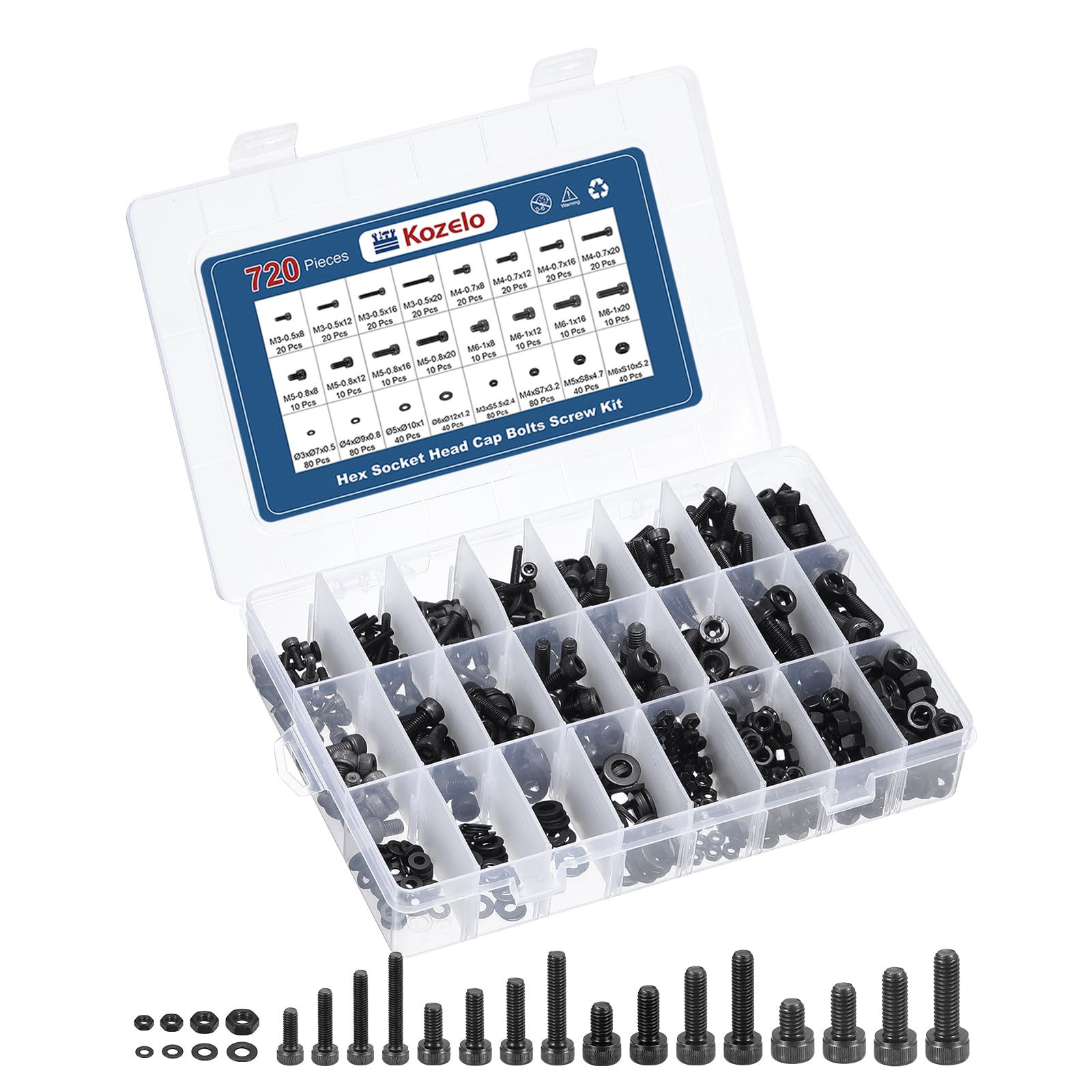 Kozelo 720pcs Socket Head Cap Screws Bolts Nuts Assortment Kit - [M3/M4/M5/M6] Alloy Steel Black Oxide 12.9 Internal Hex Screw for 3D Printer Use