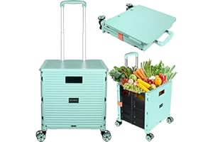 SELORSS Foldable Utility Cart Portable Collapsible Crate Rolling Carts with Wheels Rolling Tote Basket Teacher Cart with Lid Wear-Resistant 360°Rotate Wheel Noiseless for Shopping Storage Office Use