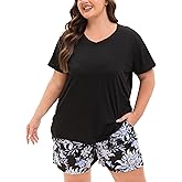 MUKVIK Plus Size Pajamas for Women Set, 2 Piece Womens Plus Size Short Sleeve V Neck Top and Shorts Pajama Sets with Pockets