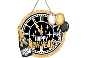 Bolisom Happy New Year 2026 Front Door Sign, Black Gold Clock Champagne Balloon Wood Hanger Outdoor Porch Home Decor, Christmas Winter Celebration Wooden Wreath Indoor Wall Hanging Party Decoration