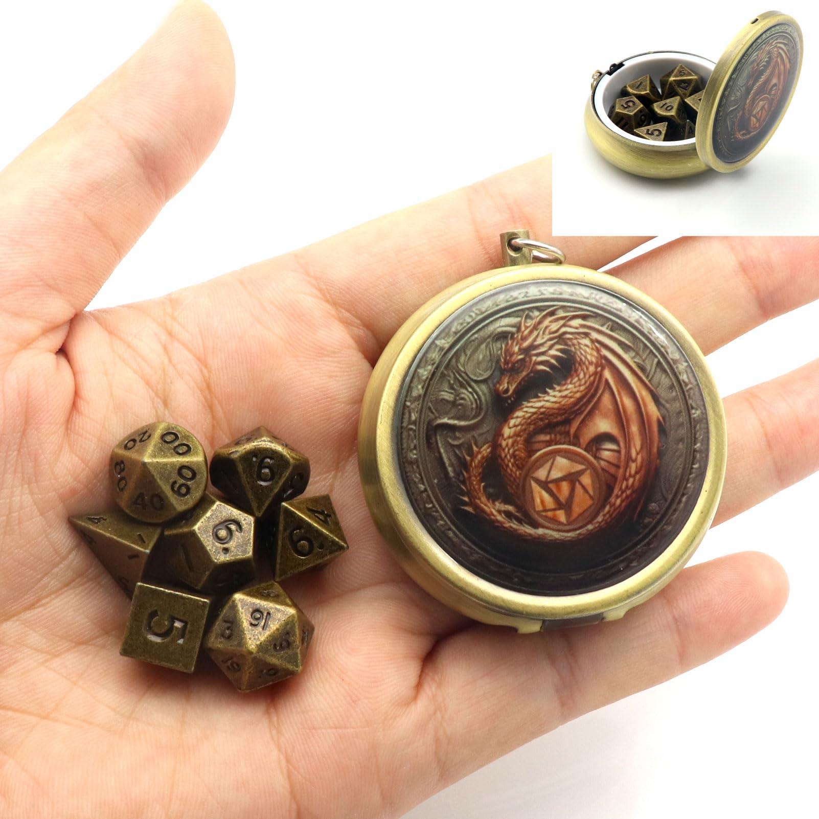 Haxtec Mini Dice Set With Keychain Case - 10mm Metal D&D Dice - Antique Bronze, 7 Pieces